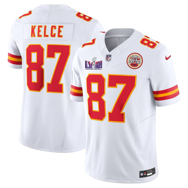 Youth Kansas City Chiefs #87 Travis Kelce White Super Bowl LVIII Patch 2023 F.U.S.E. Vapor Untouchable Limited Football Stitched Jersey